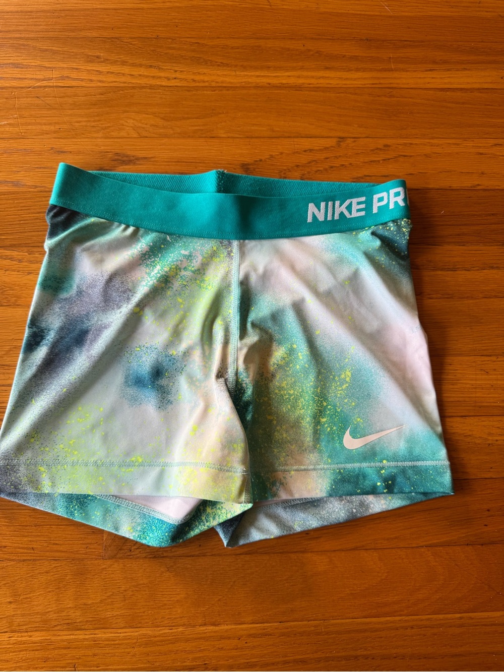 Nike Pro Girls' Teal Waistband Multicolor Spray-Print Shorts